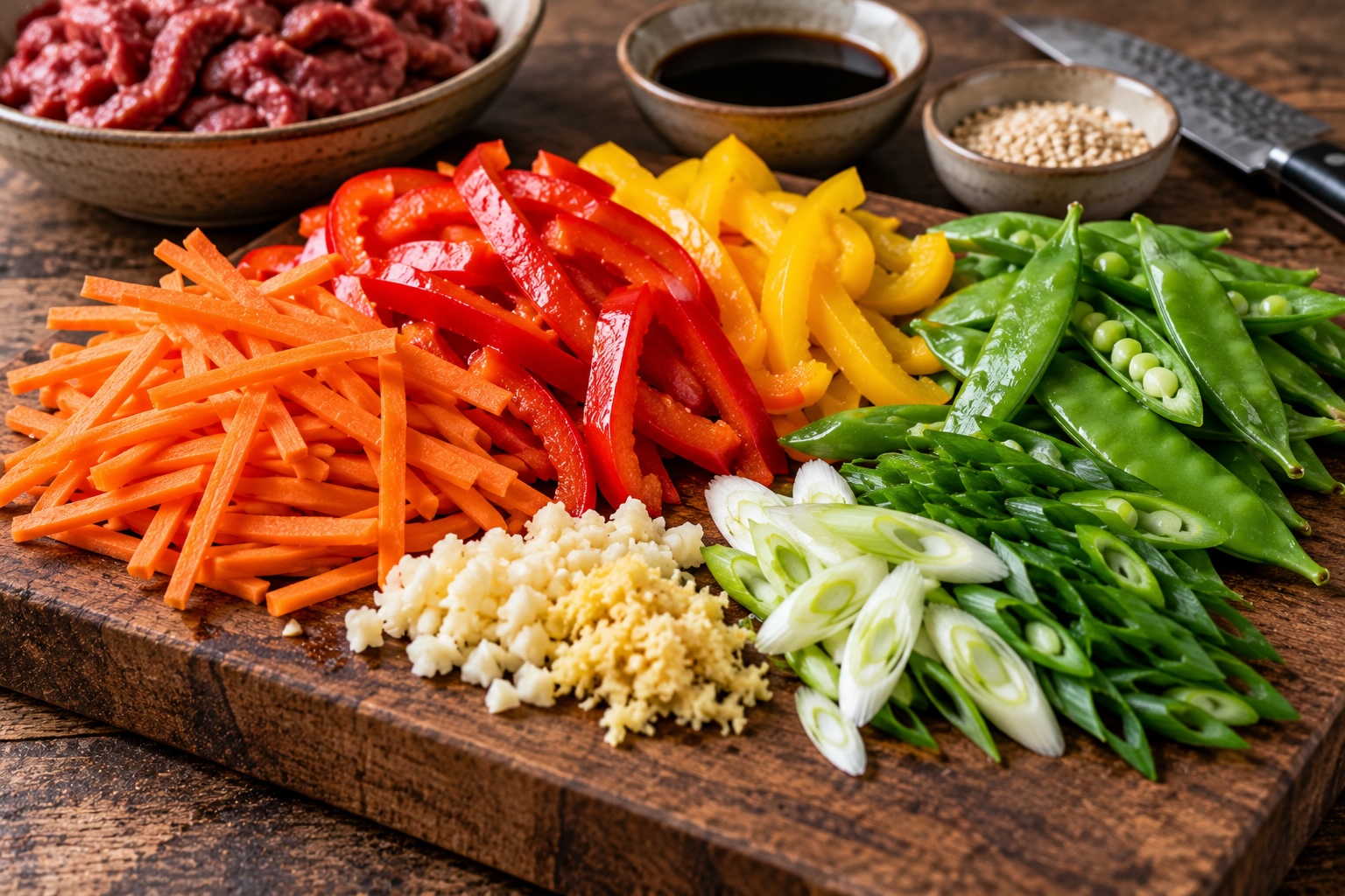 Paprika, Karotte, Zuckerschoten und Frühlingszwiebeln für den Beef-Wok
